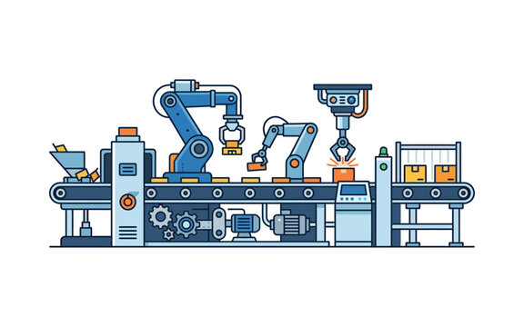 Automated Factory Assembly Line Vector Illustration