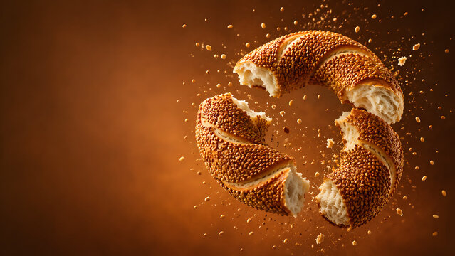 Turkish Simit Bread Breaking Apart with Flying Sesame Seeds