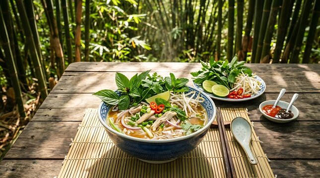 Authentic Vietnamese Chicken Pho Noodle Soup in Bamboo Forest