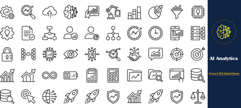 AI Analytics icon set, 50 artificial intelligence and data science line icons, machine learning and big data vector symbols for business dashboards