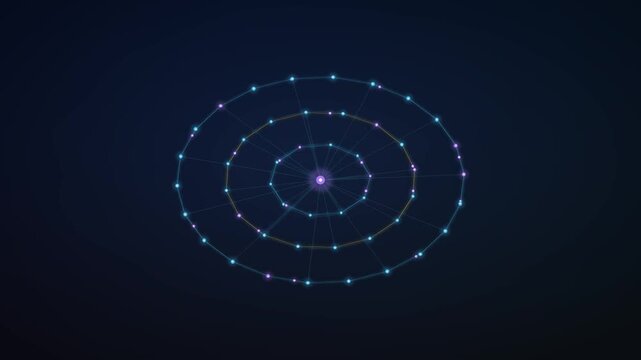 Abstract glowing technology network vector background with concentric digital rings and connecting data nodes