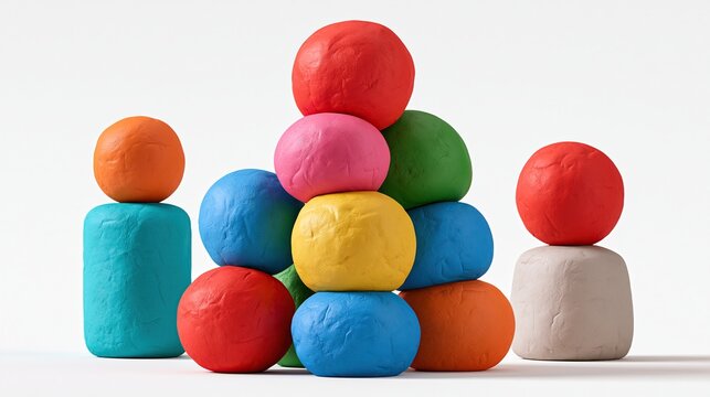 Stacked arranged colorful round clay balls and rectangular clay bases in bright multiple colors on plain white background represents colorful abstract plasticine art and playful concepts