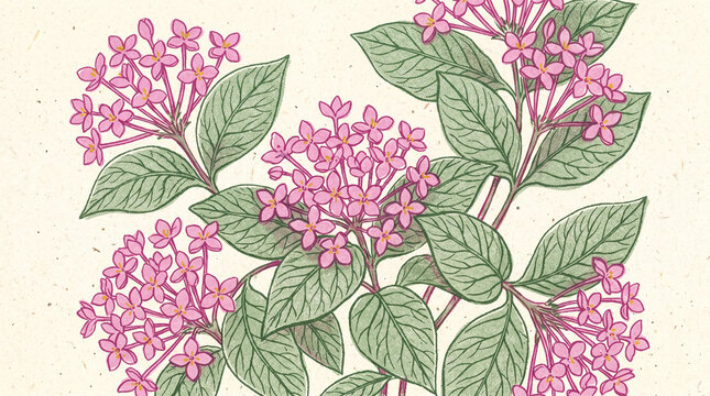 Vintage botanical illustration of vibrant pink ixora flowers featuring detailed green leaves on textured paper background