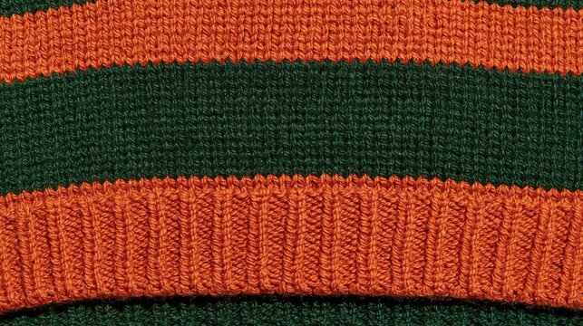 Closeup view of hand knitted fabric with horizontal green and orange stripes shows warm woven knitting texture and textile material background