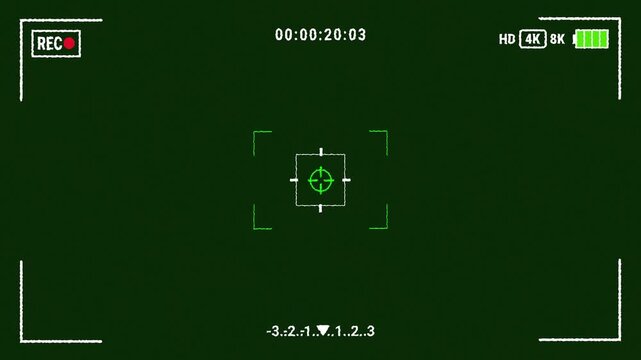 Green night vision noise recording interface with camera HUD. 4K Video