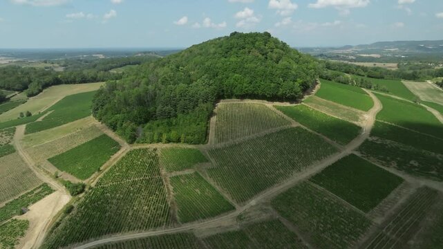 Vue a&eacute;rienne du village de L'&Eacute;toile et ses vignobles sous le soleil d'&eacute;t&eacute;, Jura (39)
