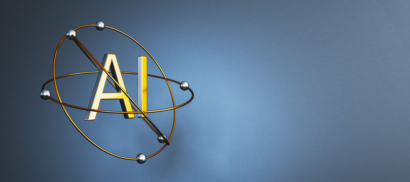 AI letters with atomic orbit lines and metallic spheres on a blue background, modern technology concept with generous copy space for design. 3D Rendering
