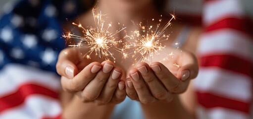 Obraz premium Festive summer scene with hands holding lit fireworks against a softly illuminated stars and stripes background.