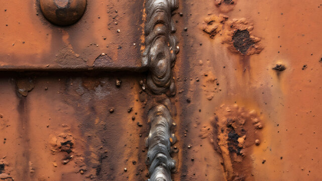 Close up of a thick welding seam and rivet on a heavy rusted metal plate, industrial texture.