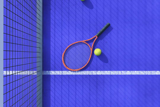 Tennis racket and ball on a vivid blue court beside a net, dramatic shadows and vibrant sports composition for competition concept. 3D Rendering