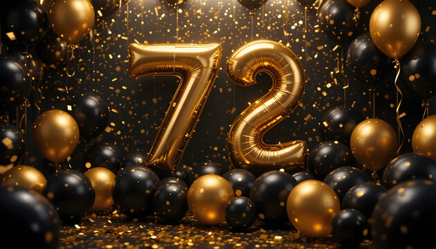Golden 72 anniversary balloon numbers surrounded by black and gold balls on festive floor background.