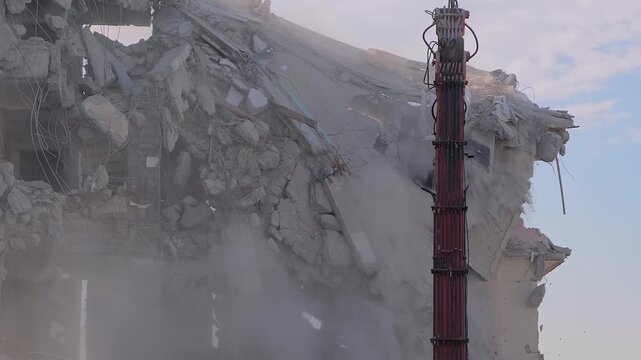 Excavator with hydraulic crusher is tearing down the old typical Turkish multi-storey apartment, residential building in Istanbul, Turkey - slow motion, demolition of building