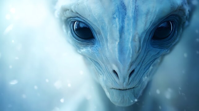Close-up of an Alien Face with Large Eyes in a Blue Hazy Environment.