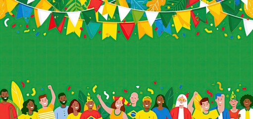 Obraz premium A lively crowd surrounded by colorful decorations celebrates Brazilian culture and national pride.