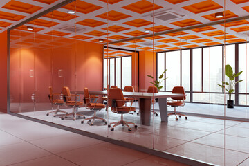 Fototapeta na wymiar Modern Orange Glass Conference Room Interior with Contemporary Boardroom Table, Office Chairs, Plants, and City Windows Design. 3D Rendering