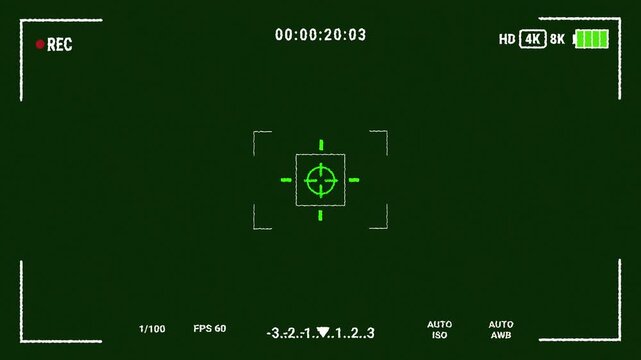 Digital camera viewfinder overlay with green night vision noise. 4K Video