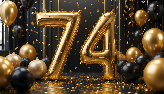 Seventy four years anniversary gold balloon numbers with festive decorations on black background.
