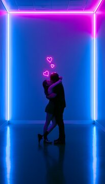 Passionate embrace glows within a futuristic space radiating love and connection in vibrant blue magenta light