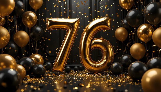 Seventy six years anniversary gold balloon numbers with festive decorations on black background.