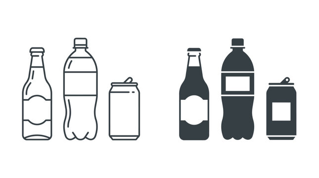 Minimalist black outline and solid silhouette icons showing glass beer bottles plastic water bottles and metallic soda beverage cans