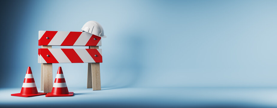 Road construction barrier with safety cones and hard hat, clean modern workplace mockup with copy space for design. 3D Rendering