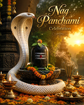Nag Panchami Festival Decoration with Marigold Flowers, Brass Diya, and Shravan Festival Elements