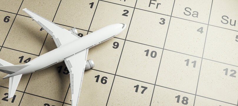 Commercial airplane on calendar schedule for business travel planning, corporate flight logistics, vacation booking and global transportation strategy. 3D Rendering