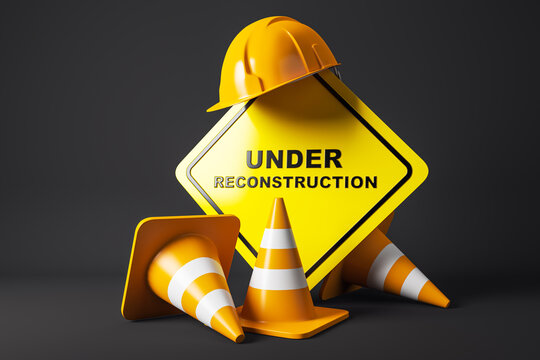 Under construction warning sign with yellow hard hat and traffic cones on a dark background, safety concept for building projects. 3D Rendering