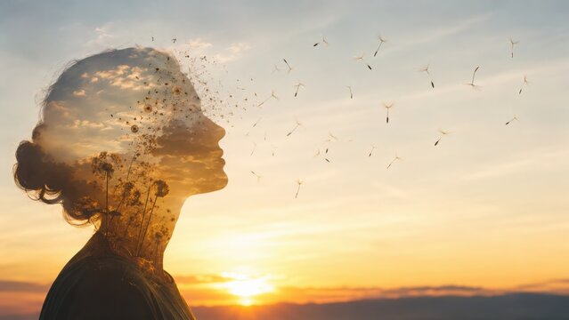 Dandelion seeds drifting from a human silhouette symbolizing mental freedom and clarity