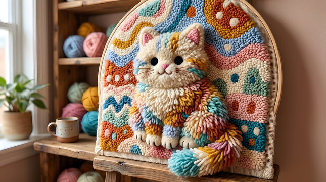 Rainbow Tufted Wool Cat Artwork in Embroidery Hoop with Craft Supplies