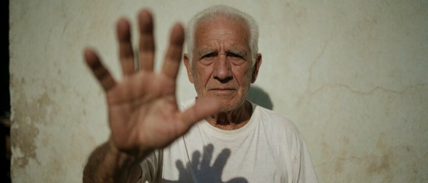 A elderly man standing with his hand open facing the camera to say no 
