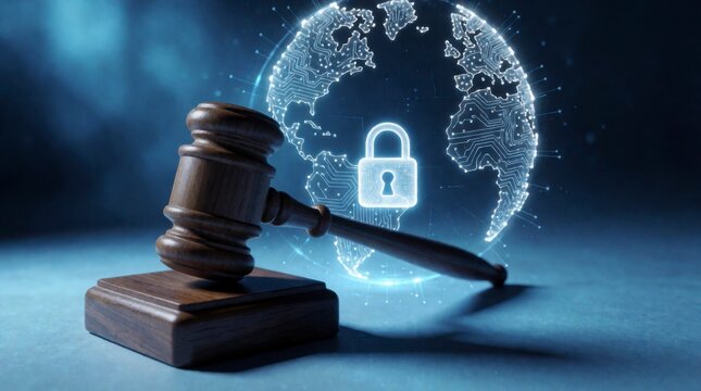 A wooden gavel beside a glowing digital globe with a padlock. Concept of global cybersecurity laws and digital privacy. 