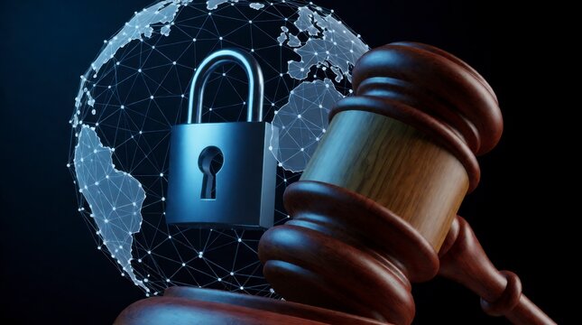 A wooden gavel beside a glowing digital globe with a padlock. Concept of global cybersecurity laws and digital privacy. 