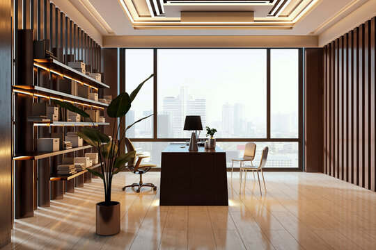 Modern office interior with wooden desk, bookshelves, indoor plants, lounge chairs, panoramic city window, and elegant lighting design. 3D Rendering