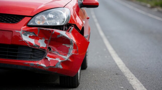 Damaged front bumper of a red car after a traffic collision on the road. Concept for accident insurance claims and car. 
