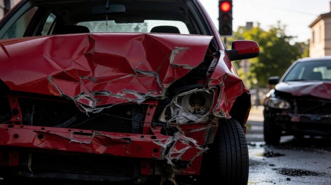 Damaged front bumper of a red car after a traffic collision on the road. Concept for accident insurance claims and car. 
