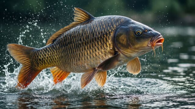 Large carp fish jumping out of the water with splashes illustration 
