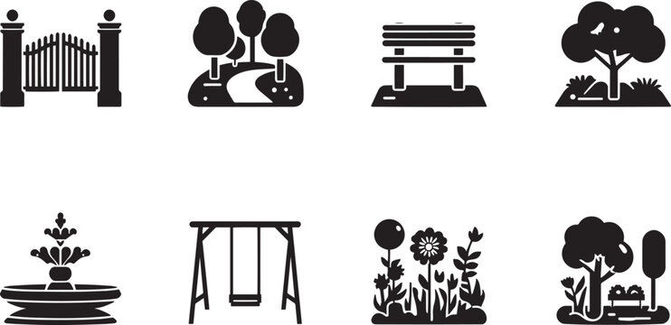 Black and white park and garden icons set modern design elements vector background pattern nature symbols