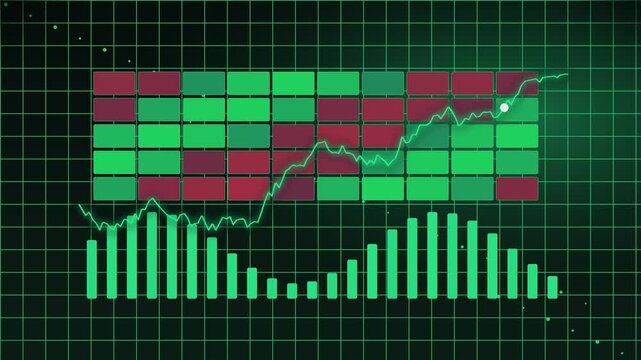 Financial Market Data Analysis with Digital Trading Chart, Heat Map, and Growth Line Graph on Green Grid Background