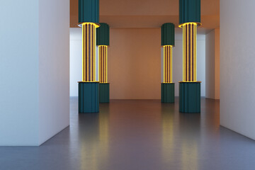 Fototapeta premium Abstract modern interior with glowing geometric columns in a contemporary architectural space, artistic light installation and empty room. 3D Rendering