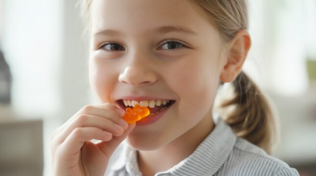 Young girl eating healthy vitamin gummy close up portrait 
