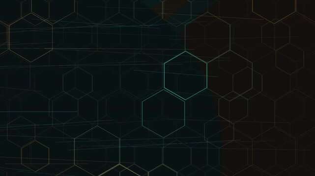 Dark abstract digital background featuring intricate glowing hexagonal patterns and futuristic tech elements