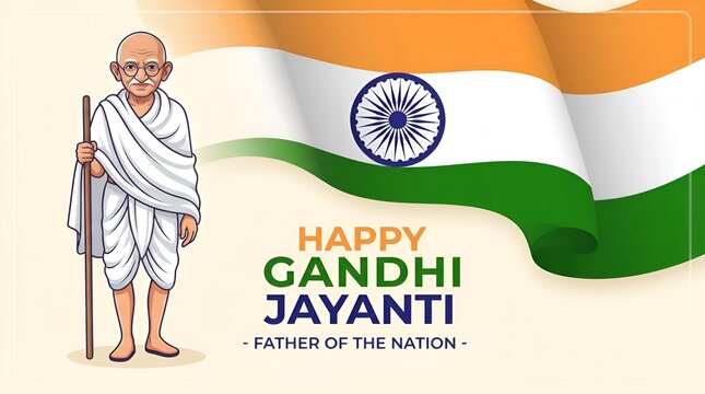 Happy Gandhi Jayanti &ndash; Iconic Mahatma Gandhi Standing with Walking Stick, Tricolor Background