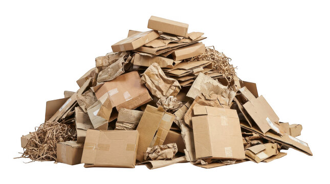 A large pile of various cardboard boxes and packaging materials isolated on transparent background