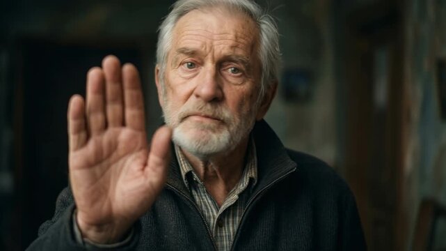 A elderly man standing with his hand open facing the camera to say no 
