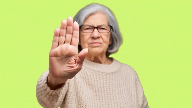 A elderly woman standing with her hand open facing the camera to say no 
