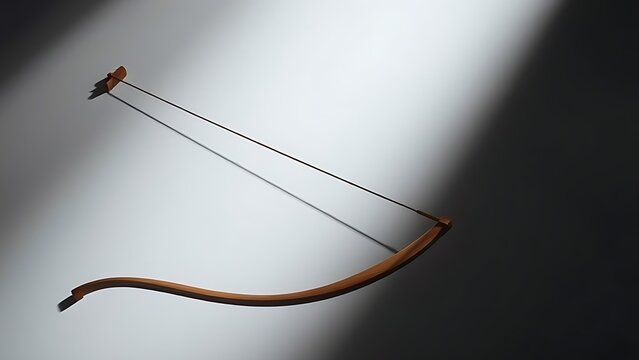 A wooden longbow fully drawn, showcasing tension and curved form.
