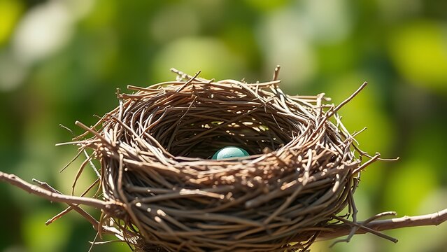An empty bird's nest with light streaming through its twigs against a blurred background.