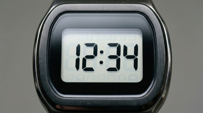 Close-up of a retro digital wristwatch featuring a clear LCD display showing 12:34 set within a brushed metal case