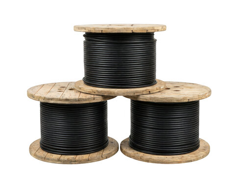 Three wooden cable reels with black electrical wire isolated on transparent background